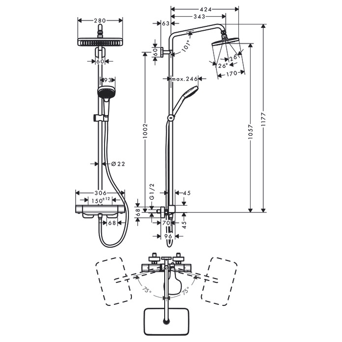 Croma E Showerpipe Душова система 280 1jet, з термостатом, хром