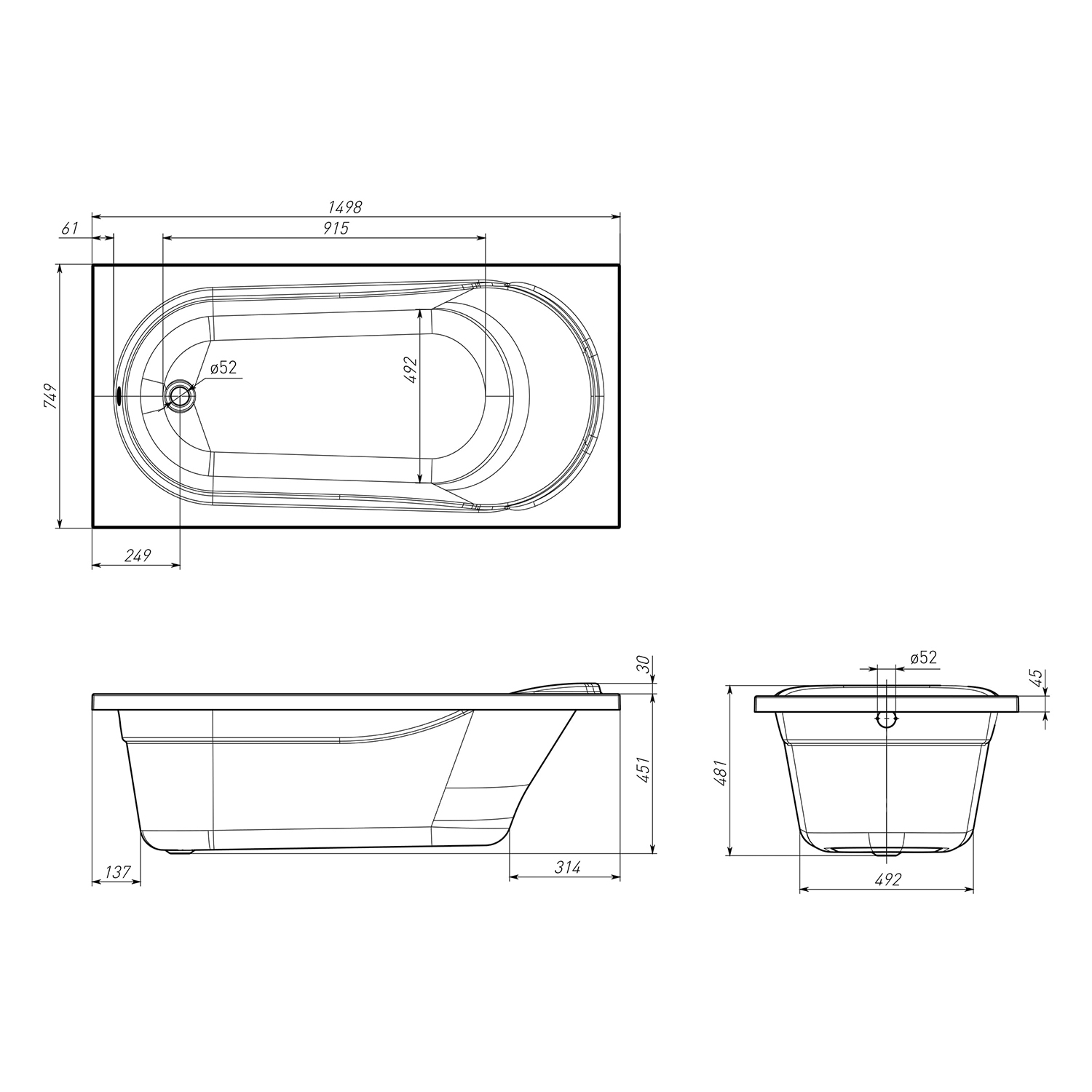 Iberia Bathtub 150*75*48 см без Nіку, акрил 5 мм