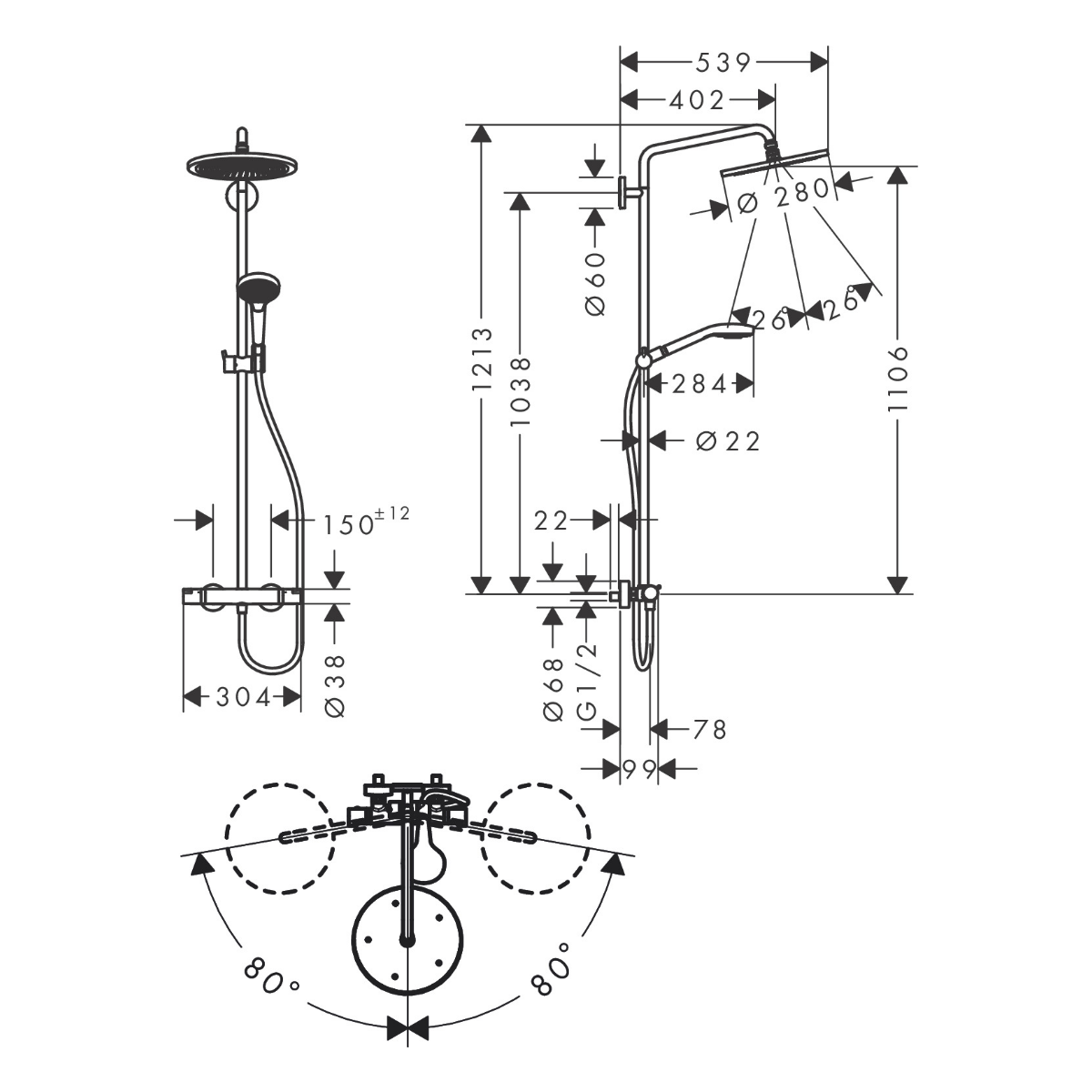 CROMA SELECT S душова система Showerpipe 280, 1jet, з термостатом, з ручним душем Raindance Select S 120, 3jet, полiроване золото