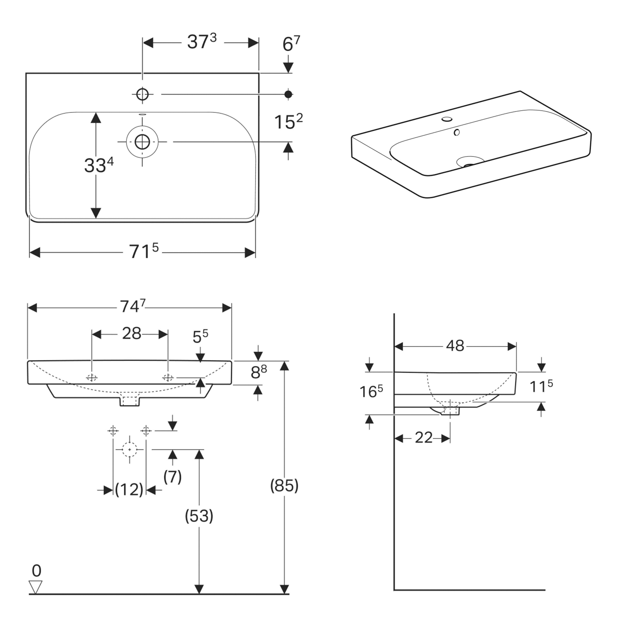 SMYLE SQUARE умивальник 75*48см, з отвором пiд змiшувач у центрi, перелив видимий