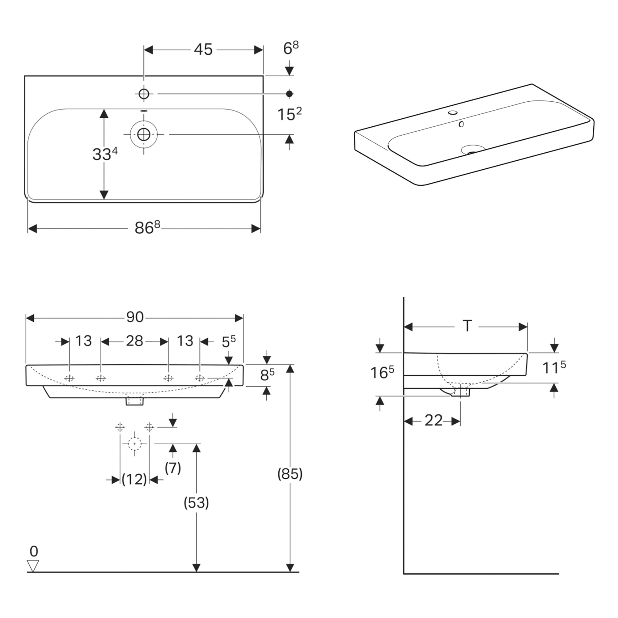 SMYLE SQUARE умивальник 90*48см, з отвором під змішувач у центрі, перелив видимий