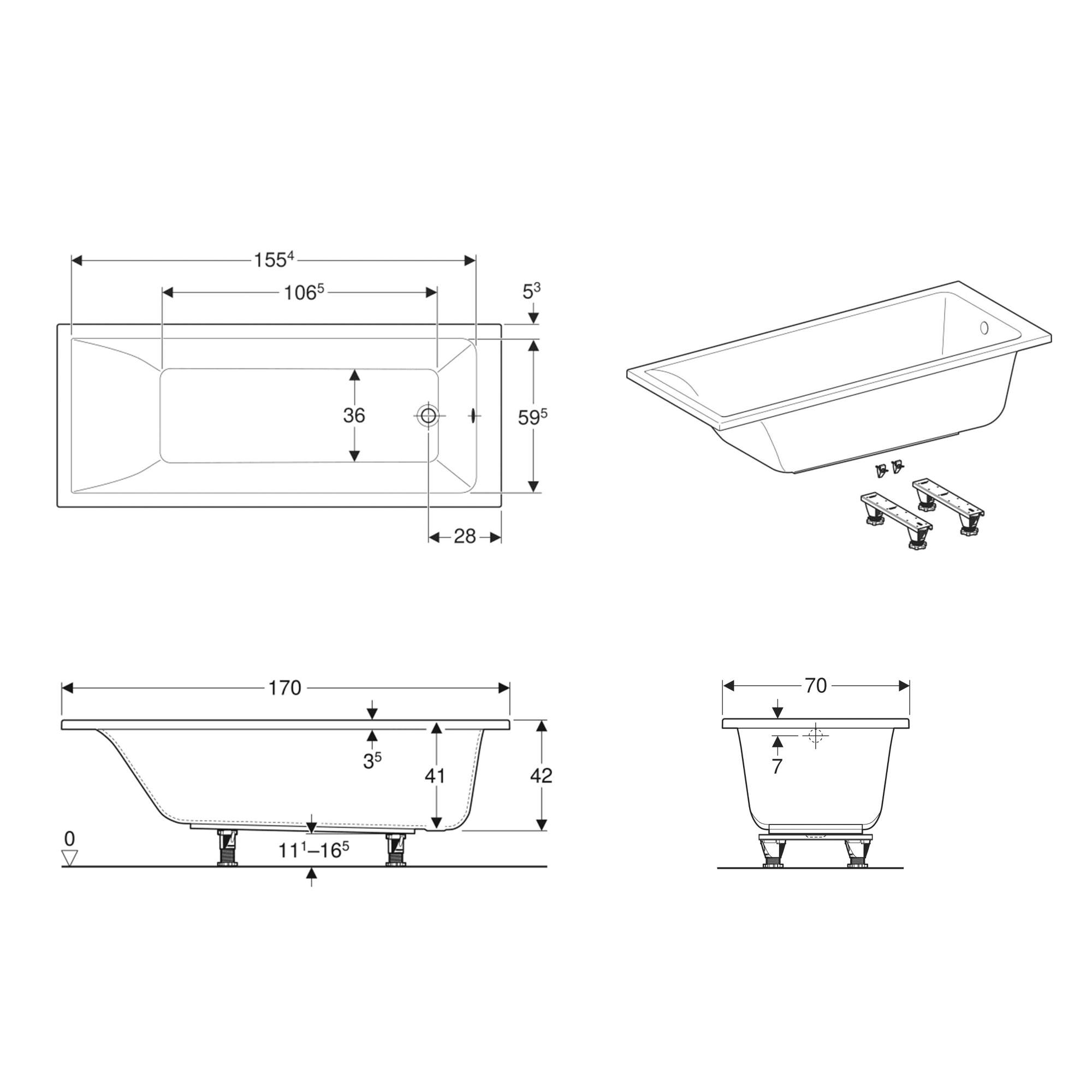 SELNOVA Square ванна 170*70см, прямокутна, з ніжками