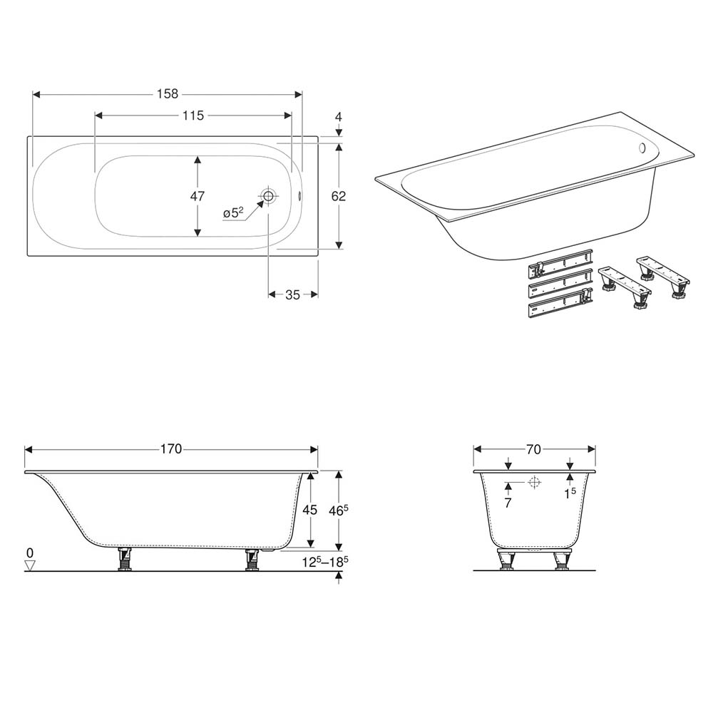 SOANA ванна 170*70см, прямокутна, Slim Rim, з ніжками