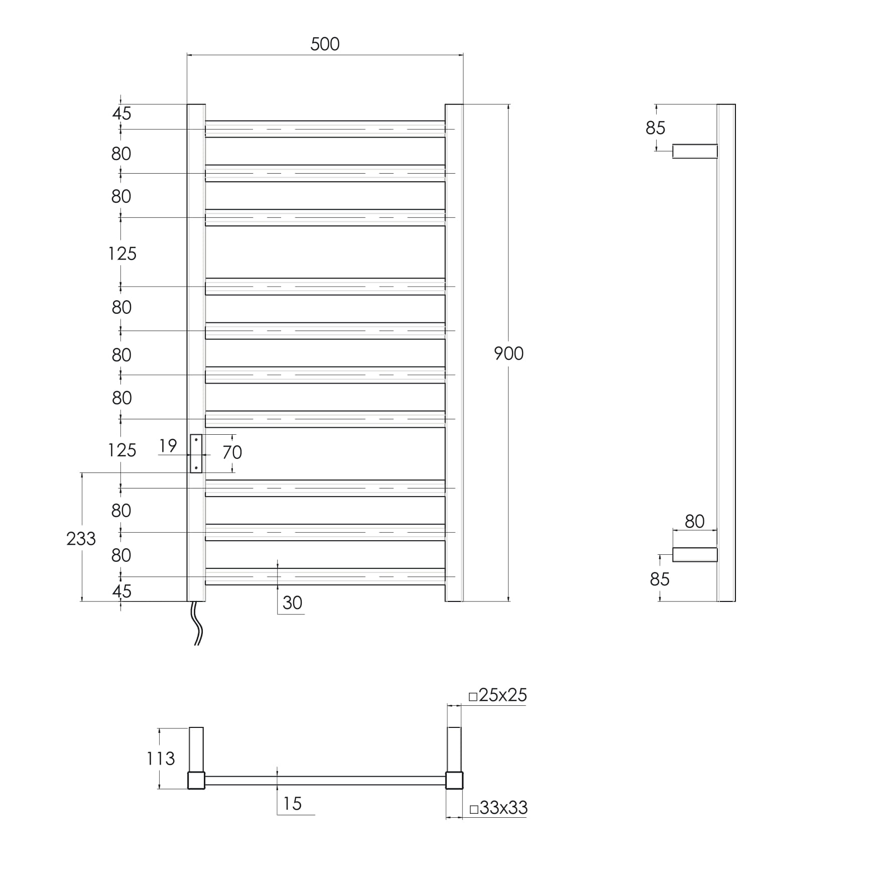 i-HEAT рушникосушарка електро, 120W, 500 * 900мм, AISI 304, 10п. (3-4-3) напівовал, стійки квадрат, таймер, терморегулятор, сталь сатин, лівий