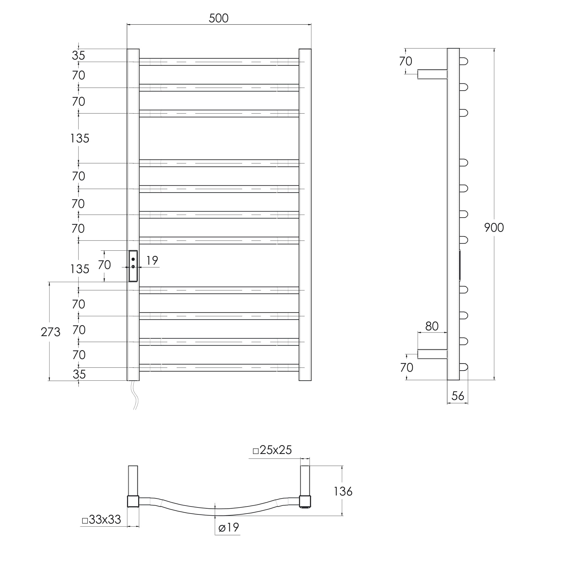 i-HEAT рушникосушарка електро, 120W, 500 * 900мм, AISI 304, 11п. (4-4-3) коло, стійки квадрат, таймер, терморегулятор, сталь полірована, лівий