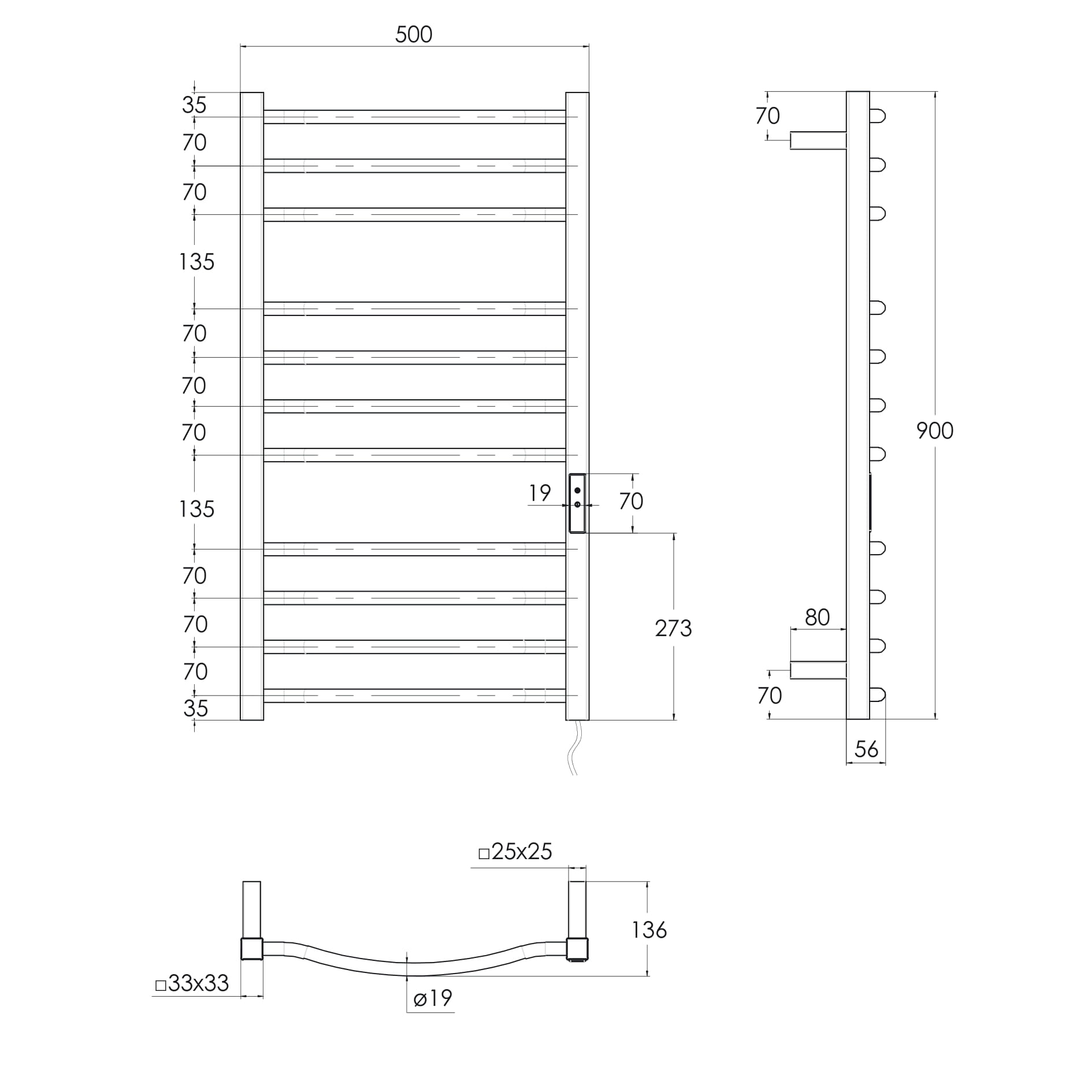 i-HEAT рушникосушарка електро, 120W, 500 * 900мм, AISI 304, 11п. (4-4-3) коло, стійки квадрат, таймер, терморегулятор, сталь сатин, лівий