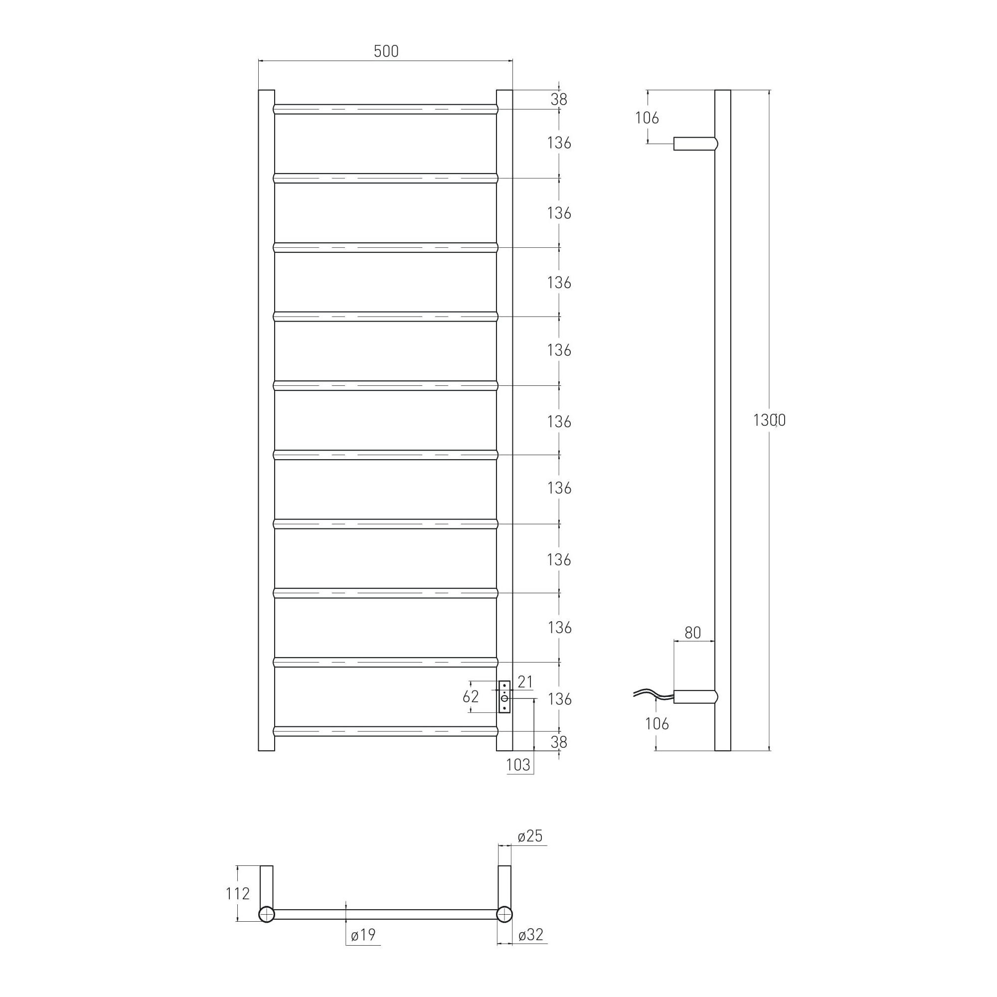 AQUA RONDA електрична рушникосушарка R, прихований монтаж, 120W, 500*1300мм, сталь 304, 10 перемичок коло, таймер, термостат 70°С, de la noche
