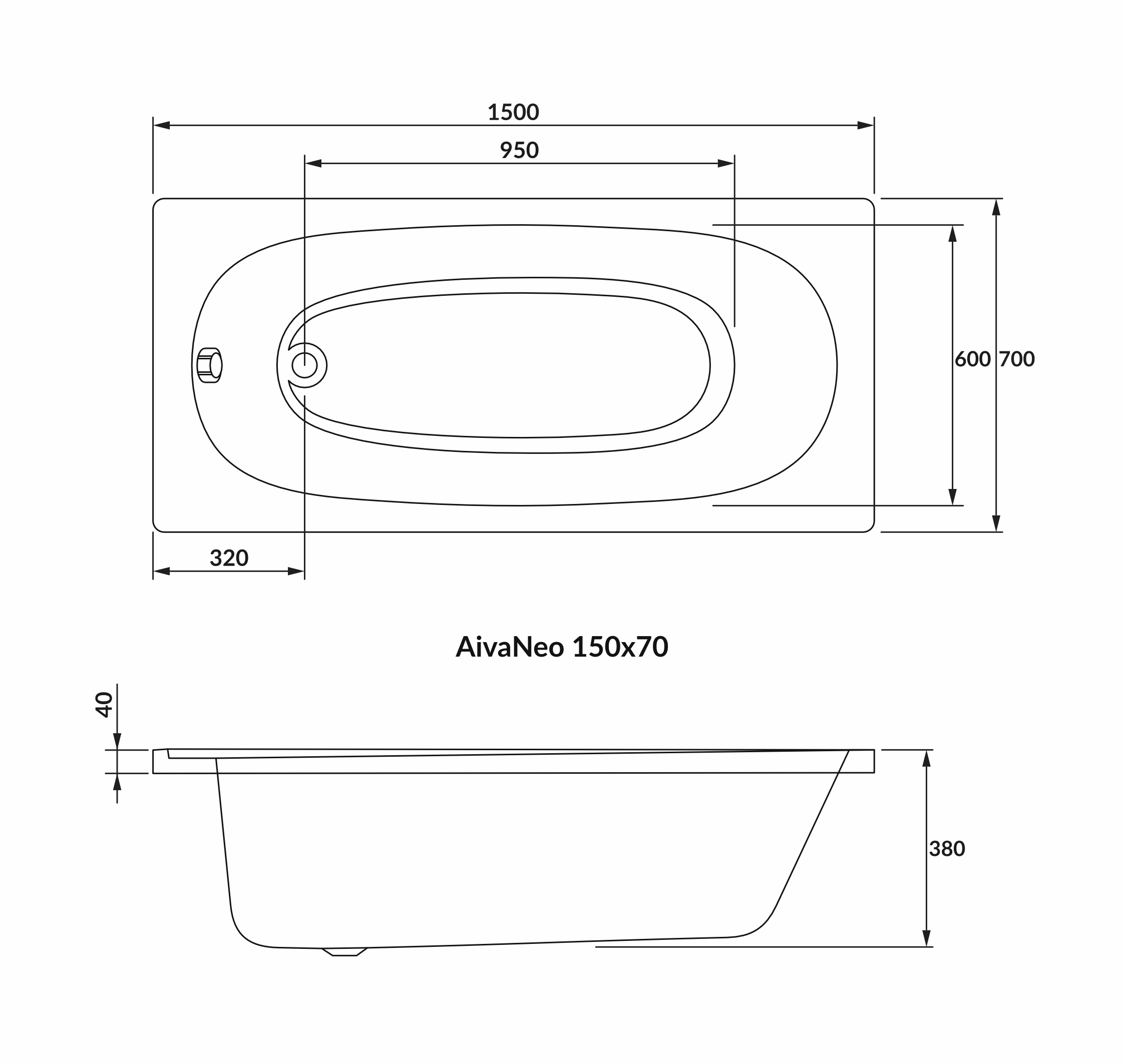 AIVA NEO ванна 150*70см без ніжок, акрил 5мм