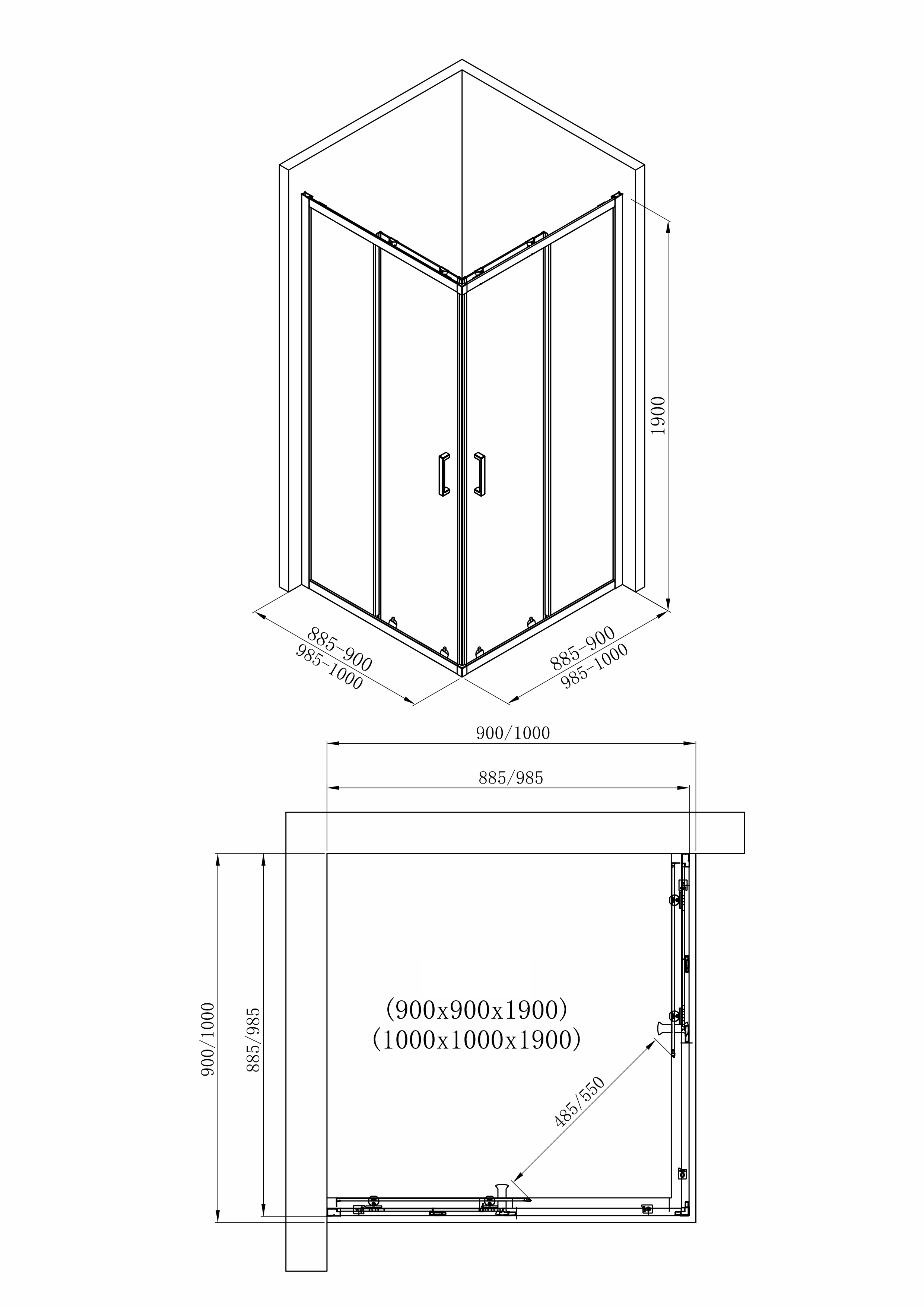 VALTICE New душова кабіна квадратна 90*90*190см, розсувні двері, скло прозоре