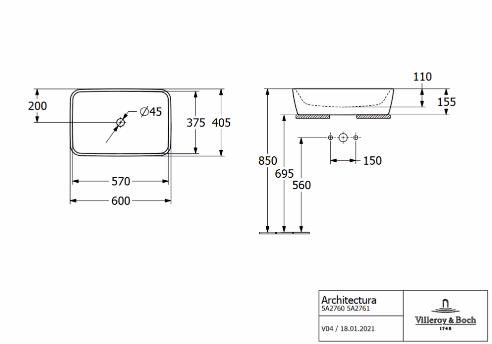 ARCHITECTURA умивальник 60*40,5см,  з переливом, без отв.