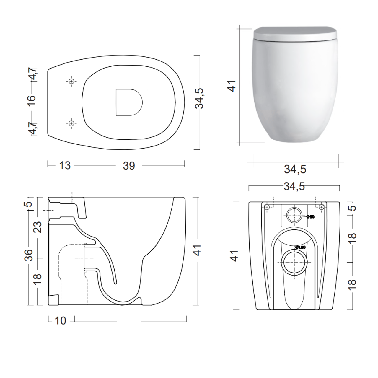 MILK унітаз підлоговий Rimless 52 см, колір білий матовий