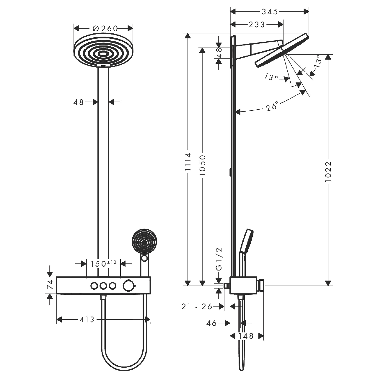 PULSIFY душова система Showerpipe 260 2jet EcoSmart, з термостатом, шліфованна бронза