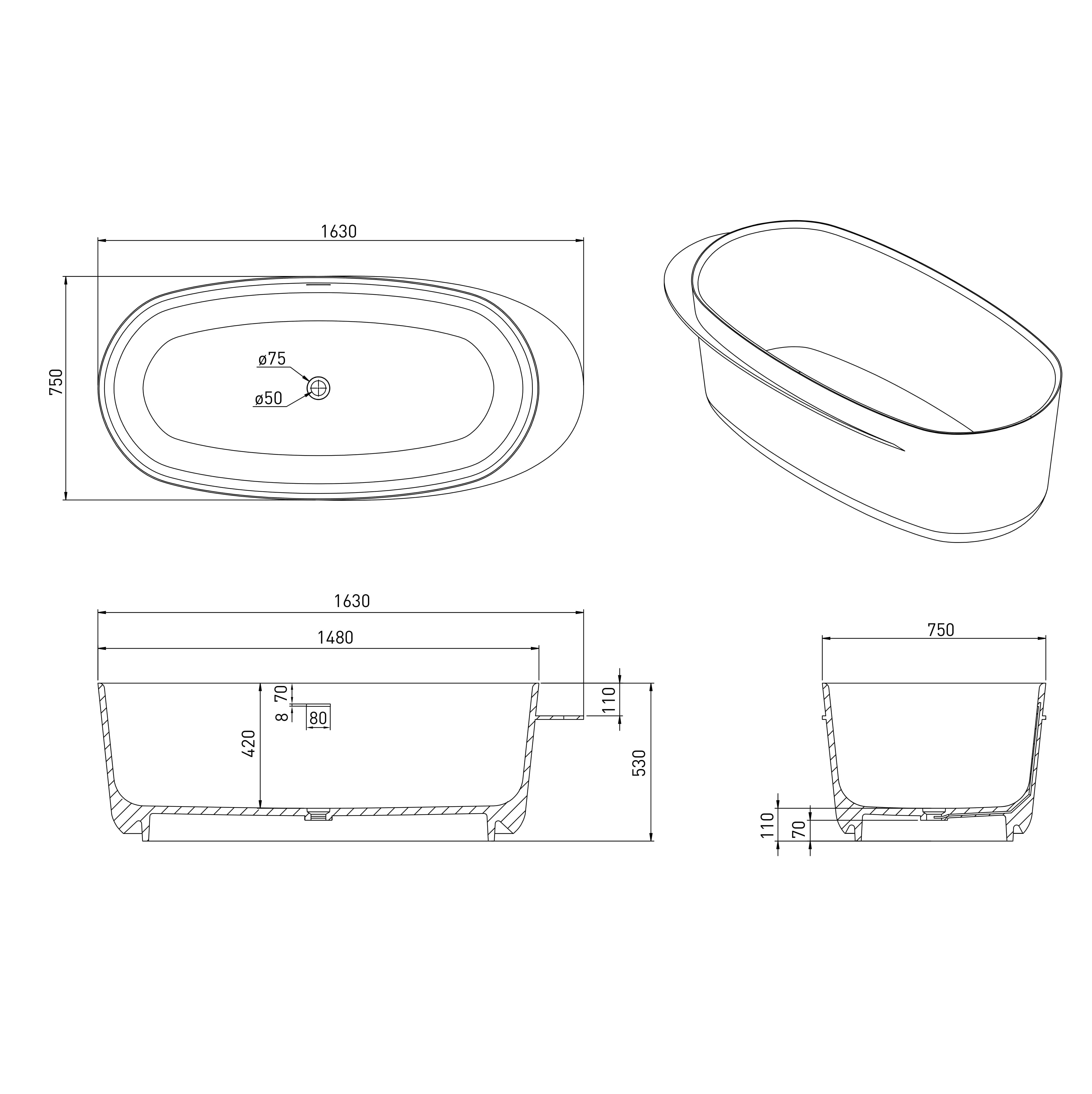 Ванна окремостояча кам'яна Solid surface 1630*750*530мм з поличкою