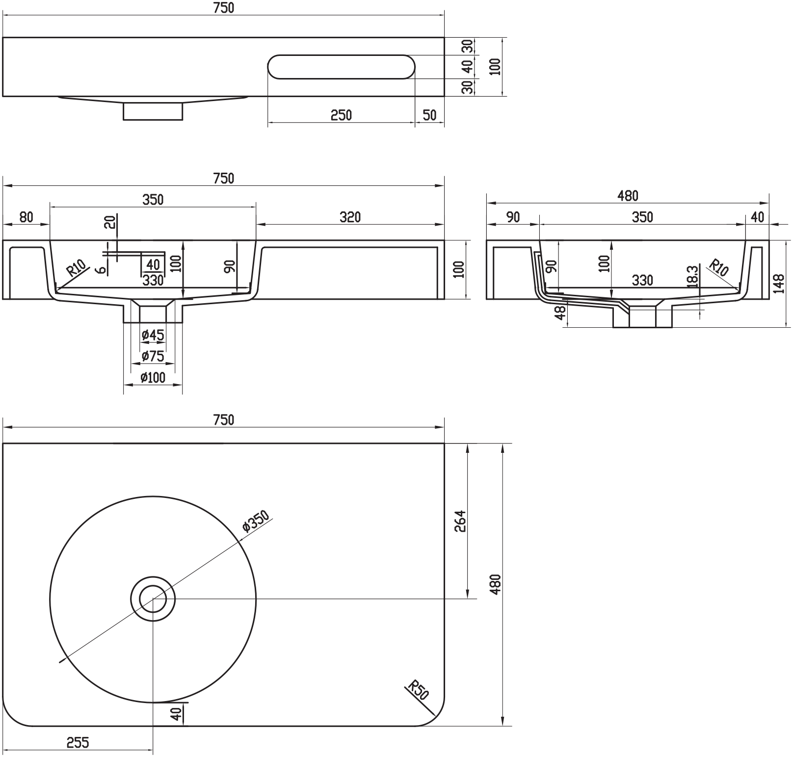 Умивальник-стільниця 75*48*14см підвісний кам'яний з рушником, Solid surface
