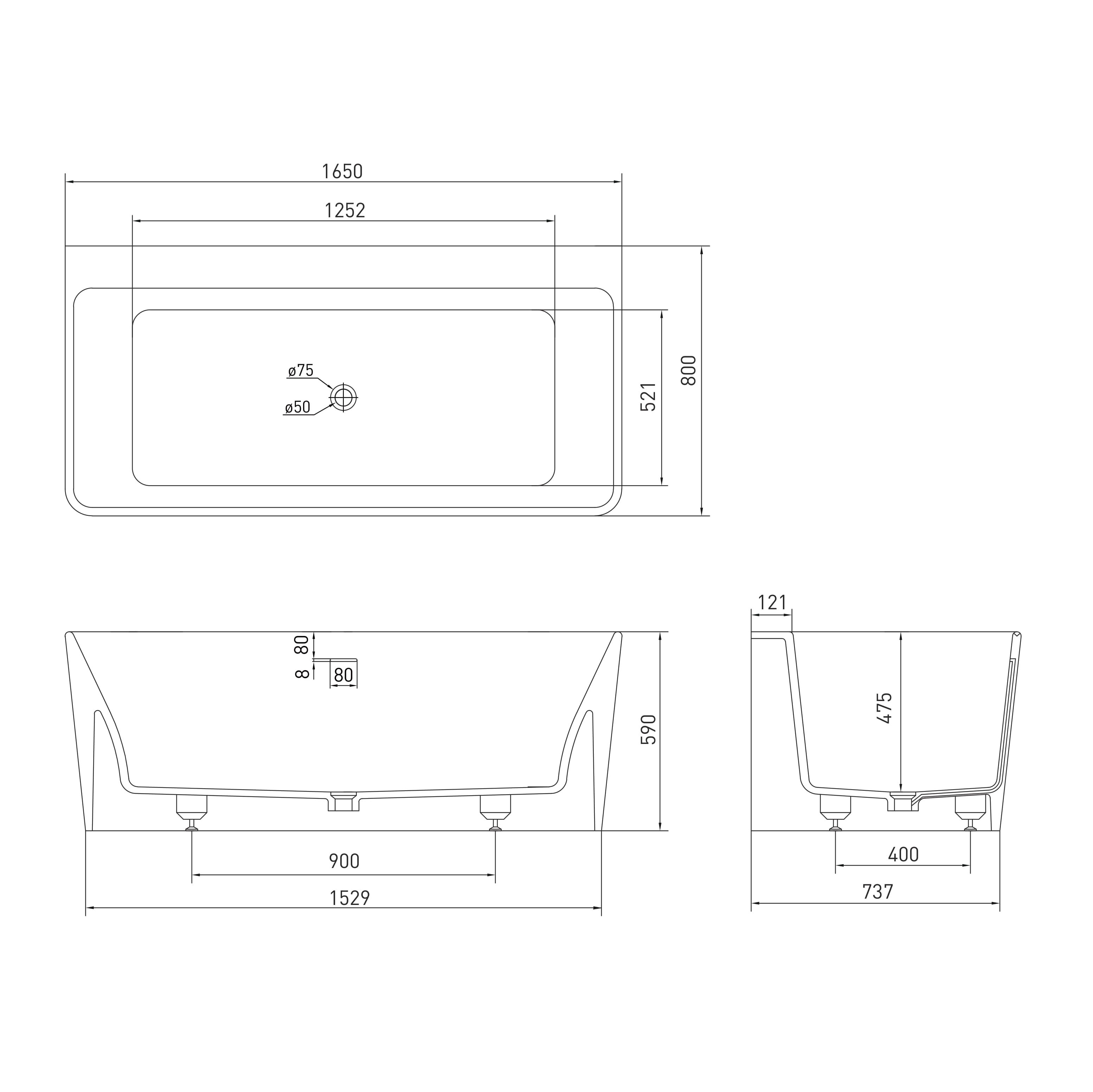 Ванна пристінна окремостояча кам'яна Solid surface 1650*800*590мм