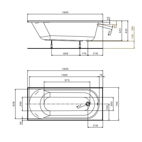 OPAL Plus ванна 160х70 см, прямокутна, без ніжок